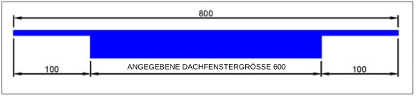 Maßzeichnung für Flachdachfenster mit Ausschnittmaß 800 mm und angegebener Dachfenstergröße 600 mm – technische Skizze für korrekte Montage und Planung
